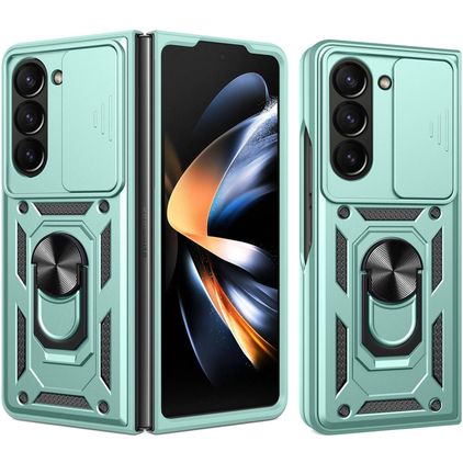 Mobigear Armor Ring Cam Slide Samsung Galaxy Z Fold 7 Plástico rígido Capa traseira Antichoque com anel e tampa deslizante para câmara - Verde