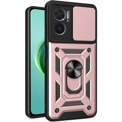 Mobigear Armor Ring Cam Slide Xiaomi Redmi 10 5G Fodral Hårdplast Skal Stötsäkert med ringhållare och skjutbart kameraskydd - Roséguld