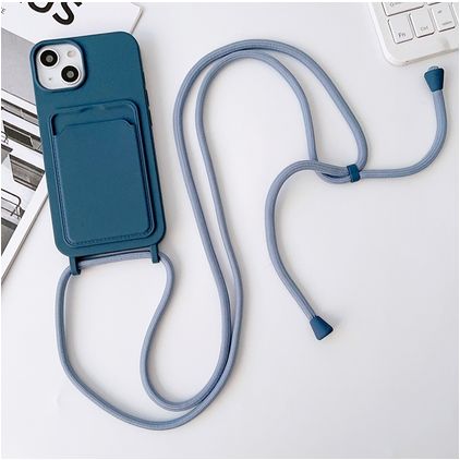Mobigear Lanyard Card iPhone 15 Plus Silikon Skal med rem och korthållare - Mörkblå