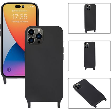 Mobigear Lanyard iPhone 14 Pro Silikone Cover med snor - Sort