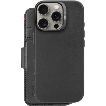 Decoded Detachable Wallet iPhone 16 Pro MagSafe Capa Pele genuína Capa livro 2 em 1 com capa traseira amovível Carteira - Preto
