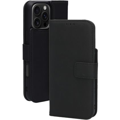 Mobiparts iPhone 16 Pro Max MagSafe Funda Piel auténtica Funda tipo libro 2 en 1 con carcasa extraíble Cartera - Negro