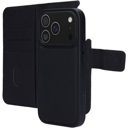 Mobiparts iPhone 17 Pro Funda Piel auténtica Funda tipo libro 2 en 1 con carcasa extraíble Cartera - Negro