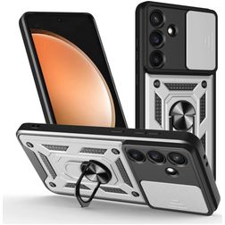 Mobigear Armor Ring Cam Slide Samsung Galaxy S26 FE Plástico rígido Capa traseira Antichoque com anel e tampa deslizante para câmara - Prateado