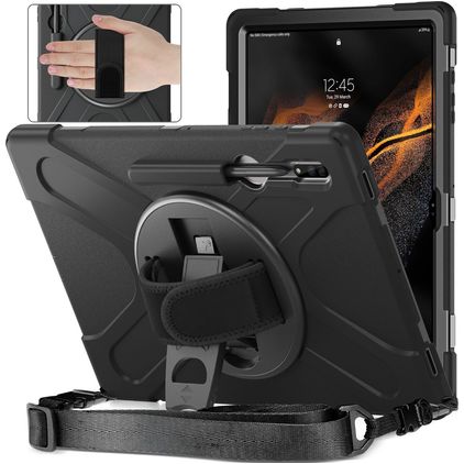 Mobigear SureGrip XGuard Samsung Galaxy Tab S8 Ultra Case Plastic / Silicone Back cover + Stylus Holder + Shoulder Strap + Stand - Black