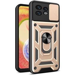 Mobigear Armor Ring Cam Slide Motorola Edge 40 Pro Plástico rígido Capa traseira Antichoque com anel e tampa deslizante para câmara - Dourado