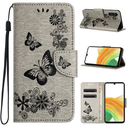 Mobigear Butterfly Samsung Galaxy A35 Lompakkokotelo + Setelitasku - Harmaa