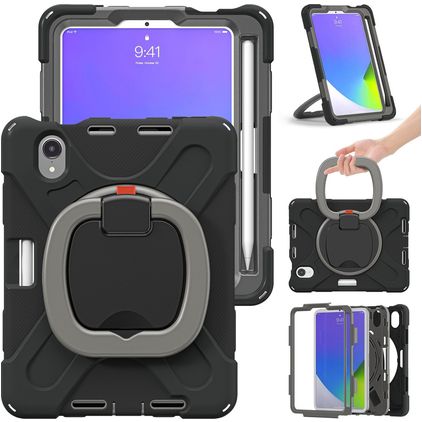 Mobigear RingGuard iPad Mini 7 (2024) Fodral Hårdplast / Silikon Skal + Pennhållare + Axelrem + Ställ - Svart