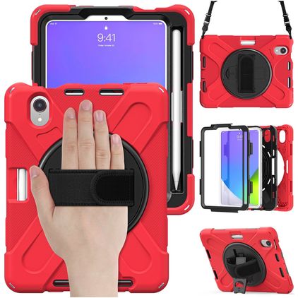 Mobigear SureGrip XGuard iPad Mini 7 (2024) Case Plastic / Silicone Back cover + Stylus Holder + Shoulder Strap + Stand - Red