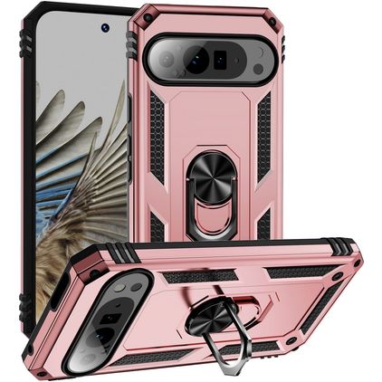 Mobigear Armor Ring Google Pixel 9 Pro XL Plástico rígido Capa traseira Antichoque com anel - Rosa dourado