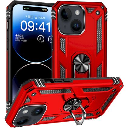 Mobigear Armor Ring iPhone 15 Plus Hårdt Bagsidecover Stødsikkert med ringholder - Rød