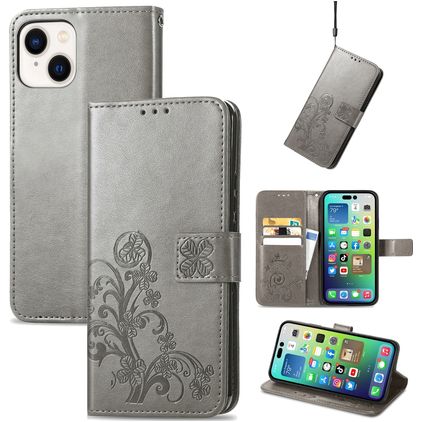 Mobigear Clover iPhone 15 Plus Lompakkokotelo + Setelitasku - Harmaa