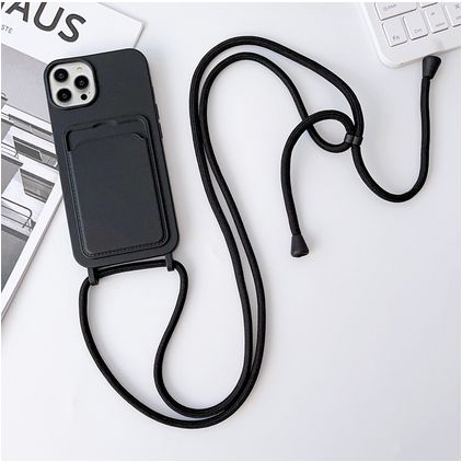 Mobigear Lanyard Card iPhone 15 Pro Silikoni Suojakuori kaulanauhalla + Korttitasku - Musta +