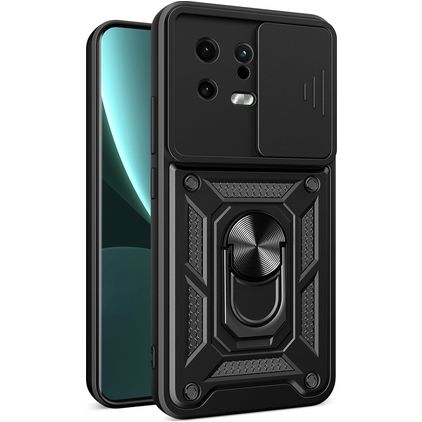 Mobigear Armor Ring Cam Slide Xiaomi 13 Hårdt Bagsidecover Stødsikkert med ringholder og Camera Slider - Sort