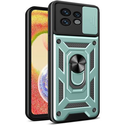 Mobigear Armor Ring Cam Slide Motorola Edge 40 Pro Fodral Hårdplast Skal Stötsäkert med ringhållare och skjutbart kameraskydd - Grön