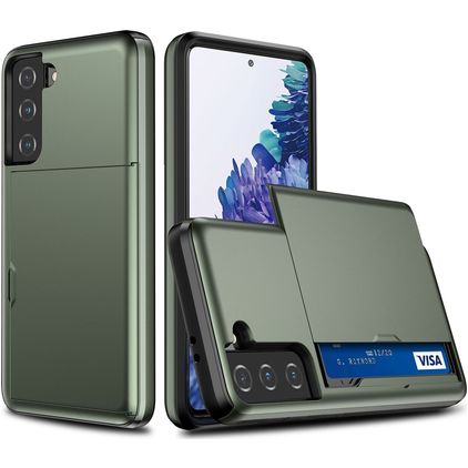 Mobigear Card Samsung Galaxy S21 Hårdt Bagsidecover Stødsikkert med kortholder - Armygrøn