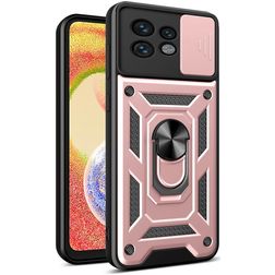 Mobigear Armor Ring Cam Slide Motorola Edge 40 Pro Plástico rígido Capa traseira Antichoque com anel e tampa deslizante para câmara - Rosa dourado