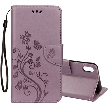 Mobigear Flowers iPhone XR Pungetui med Seddelrum - Lilla