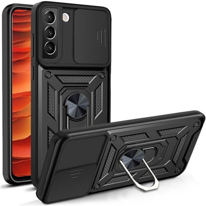 Mobigear Armor Ring Cam Slide Samsung Galaxy S22 Hard Case Back cover Shockproof with Ring Holder and Camera Slider - Black