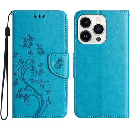 Mobigear Flowers iPhone 16 Pro Pungetui med Seddelrum - Blå