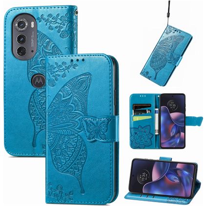 Mobigear Butterfly Motorola Edge (2022) Lompakkokotelo + Setelitasku - Sininen
