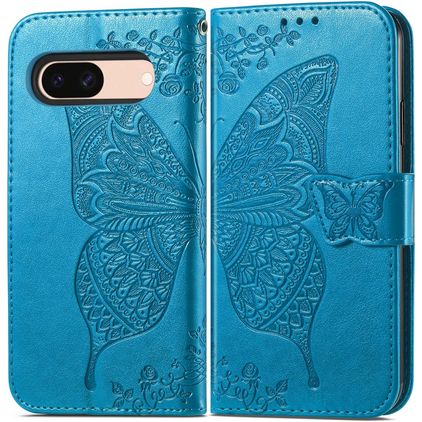 Mobigear Butterfly Google Pixel 8a Lompakkokotelo + Setelitasku - Sininen