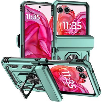 Mobigear Armor Ring Motorola Razr 50 Tvrdý plast Zadní kryt odolný proti nárazům s prstýnkem - Zelená