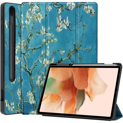 Mobigear Tri-Fold Gel Samsung Galaxy Tab S7 FE TPU / Cuero sintético Funda tipo libro + Portalápices - Almond Blossoms