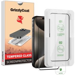 GrizzlyCoat AlignPro iPhone 15 Pro Max Tempered Glass Screen Protector - Case Friendly + Installation Frame - Black
