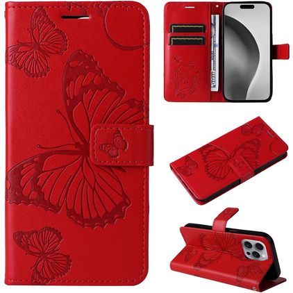 Mobigear Butterfly iPhone 16 Pro Max Pungetui med Seddelrum - Rød