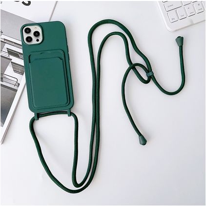 Mobigear Lanyard Card iPhone 15 Pro Max Silicona Funda con cuerda y tarjetero - Verde